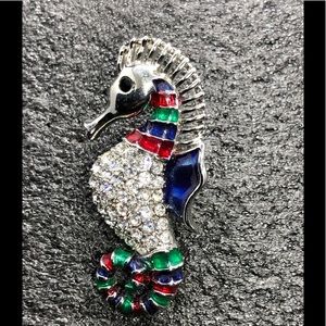 Enamel and Crystal Seahorse Brooch